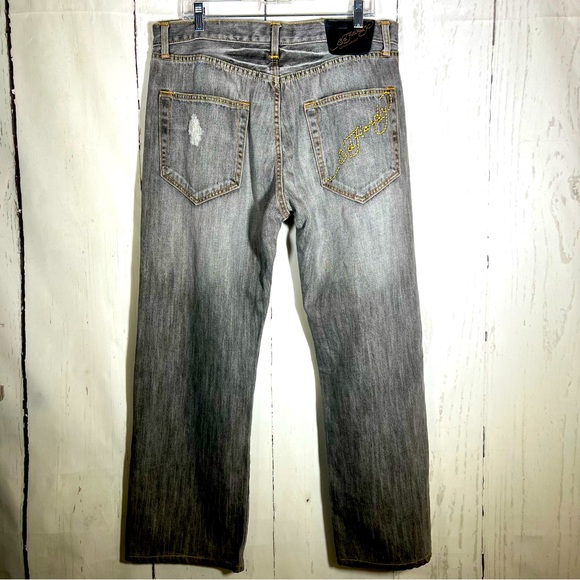 Ed Hardy Other - Ed Hardy Straight Leg Y2K Distressed Destroyed Embroidered Denim Jeans Size 36